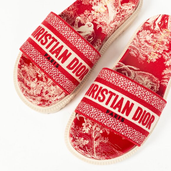 Christian Dior Dway Red Toile du Jouy Flowers Embroidered Slides - Picture 7 of 11